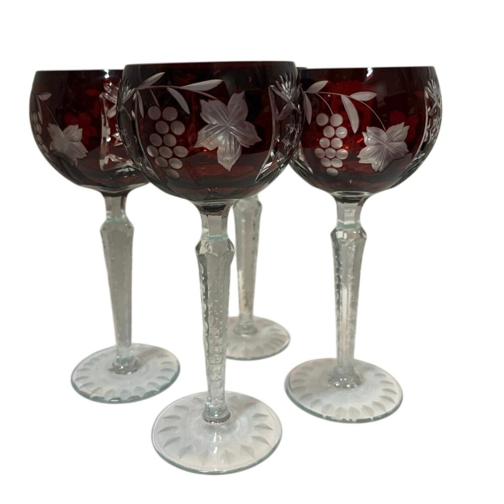 Vintage Ruby Red Grape Vine Goblets Set of 4 Etched Style Glass 8 Oz.